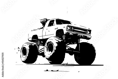Bold monster truck design showcases oversized tires and dynamic stance, exuding power