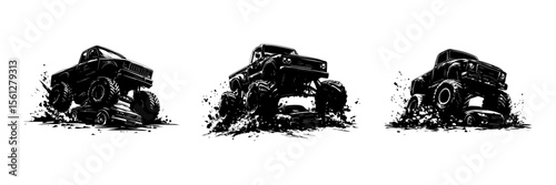 Bold monster trucks in dynamic poses, showcasing power and adrenaline in action