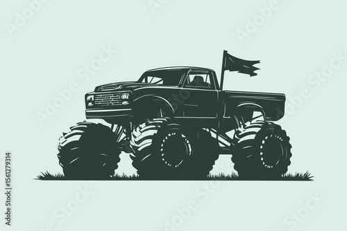 Bold monster truck stands on oversized tires, ready for action with flag waving