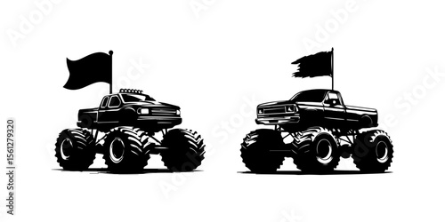 Bold monster trucks with flags, showcasing power and excitement in motion