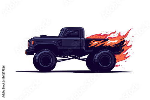 Powerful monster truck with fiery flames, showcasing dynamic motion and strength