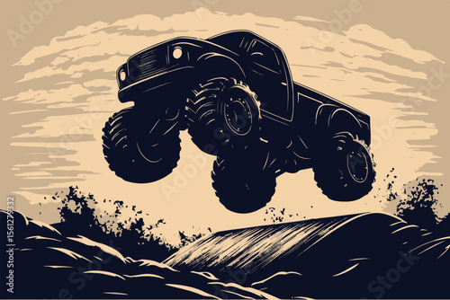 Dynamic leap of monster truck over obstacles, showcasing power and thrill