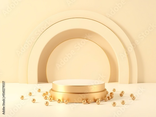 Elegant Gold and Beige Product Display Platform with Scattered Spheres
