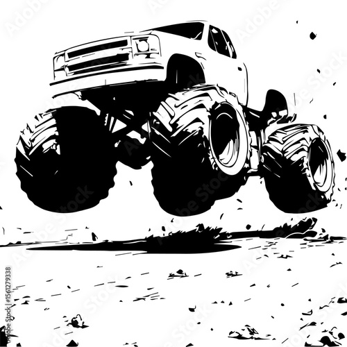 Jumping monster truck creates dynamic energy with massive tires kicking up dirt