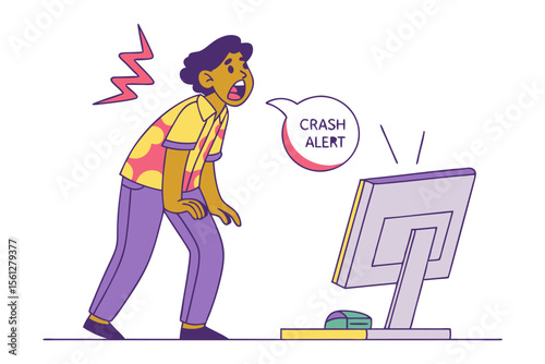 Shocked person reacts to computer crash alert with open mouth and lightning bolt symbolizing distress