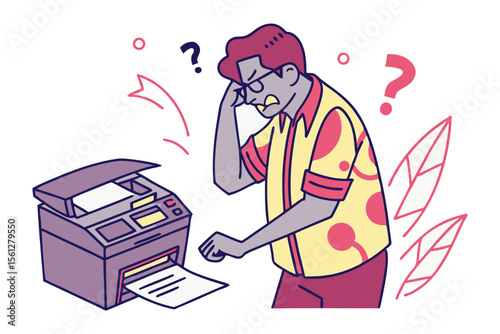 Frustrated man with glasses and a colorful shirt struggles with a malfunctioning printer surrounded by question marks and decorative elements
