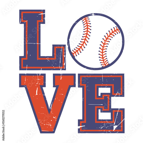 Baseball Love Typography Graphic with Distressed Effect, Vintage-style LOVE text design, featuring a baseball as the letter O, perfect for baseball fans, apparel, posters, and sports merchandise.

