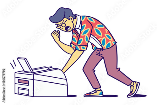 Frustrated man yelling at a malfunctioning printer expressing anger and annoyance with technology in a stylized cartoon illustration