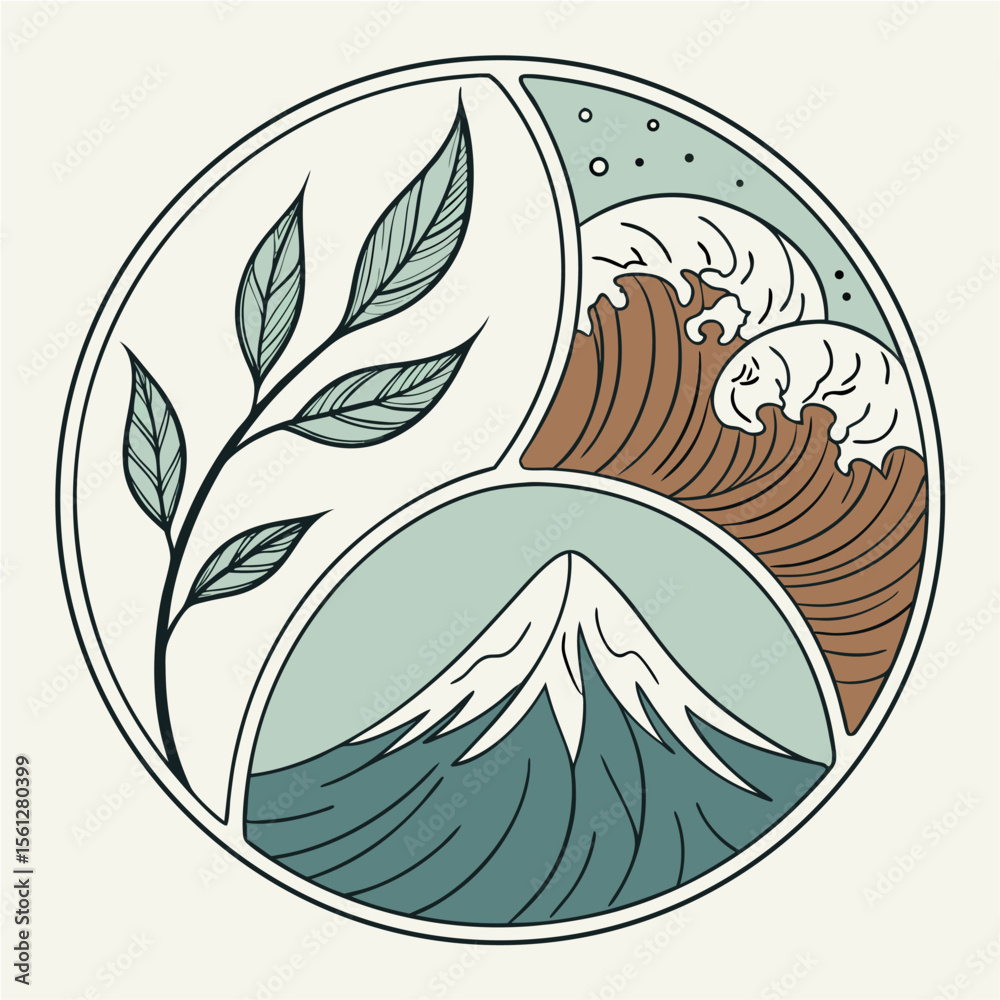 Fototapeta premium Three Realms of Nature — A symbolic circular vector divided into three segments, each representing a different element: a leafy branch on the left suggests flora or growth; stylized waves on the top r
