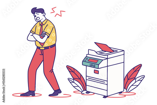 Frustrated office worker with arms crossed stands near a malfunctioning copier machine with red warning lines around their feet