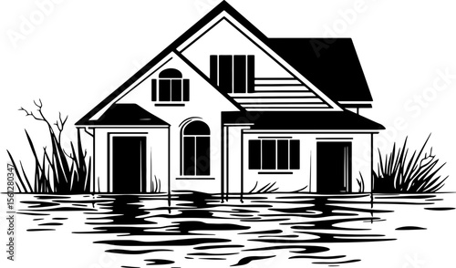 Flooded house silhouette