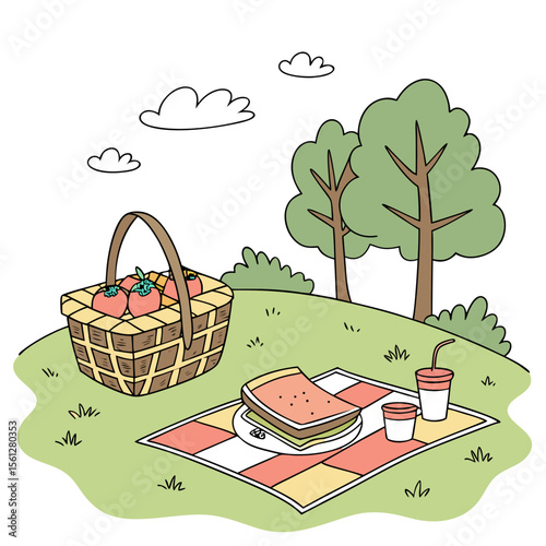 Illustration of a picnic scene with a basket of tomatoes, sandwich, and drinks on a checkered blanket