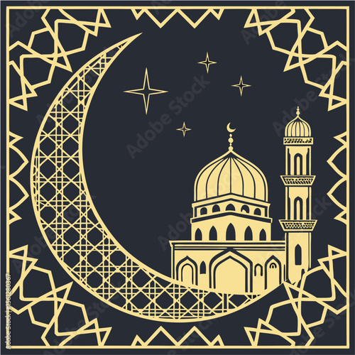 Crescent Mosque Emblem — A symbolic vector featuring a mosque with a central dome and single minaret, framed elegantly within a large crescent moon. The crescent is adorned with intricate geometric pa