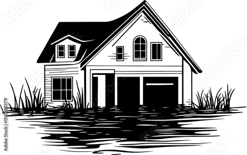 Flooded house silhouette