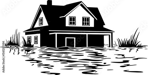 Flooded house silhouette