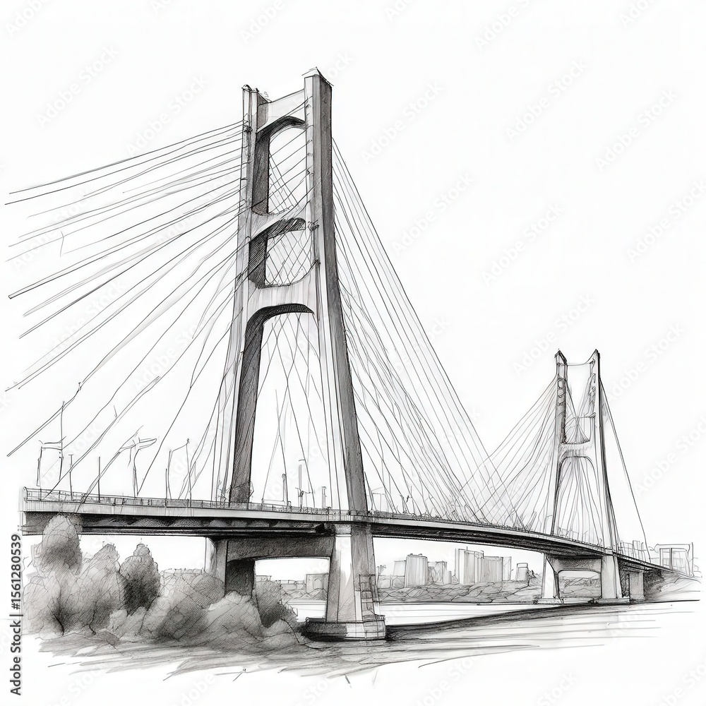 Fototapeta premium an AI Image Generator, Architectural Sketch of a Modern Cable-Stayed Bridge