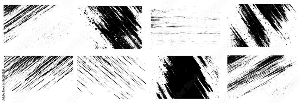 The textures vary in density and direction, vertical or diagonal scratches and others displaying a more scattered, Abstract texture dust particle and dust grain on white background.