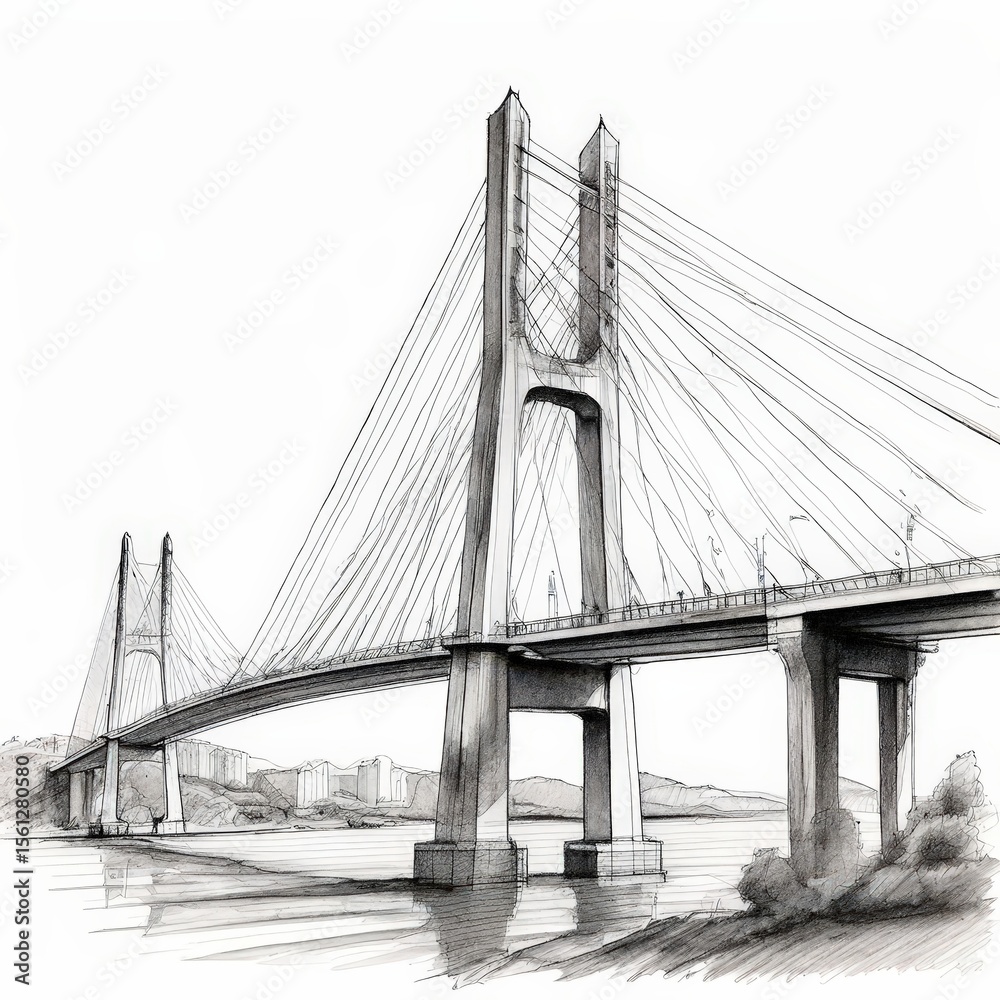 Fototapeta premium an AI Image Generator, Architectural Sketch of a Modern Cable-Stayed Bridge