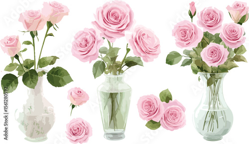 Pink roses in a glass vase, a beautiful floral bouquet symbolizing love and romance