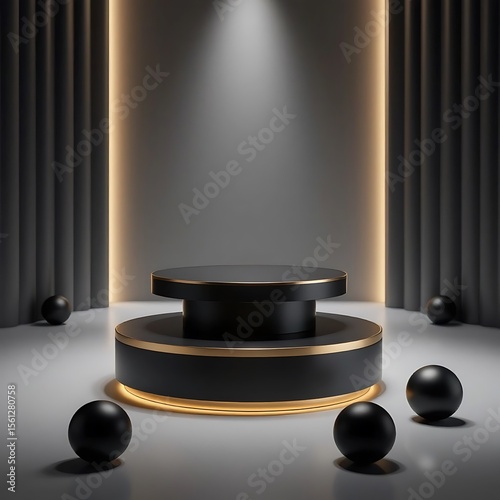 Elegant Black and Gold Two-Tiered Display Platform with Ambient Lighting