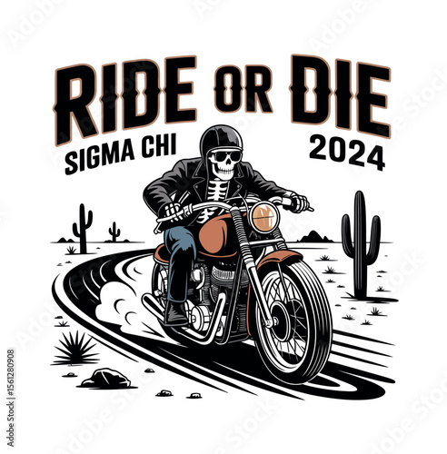 Skull biker rides a vintage motorcycle in the desert - Sigma Chi 2024