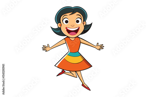 Joyful Girl Cartoon: A cheerful cartoon girl with dark hair and an orange dress joyfully leaps in the air, radiating happiness and excitement.