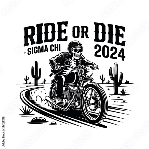 Skull biker rides a vintage motorcycle in the desert - Sigma Chi 2024
