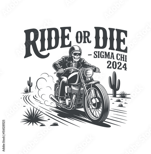 Skull biker rides a vintage motorcycle in the desert - Sigma Chi 2024
