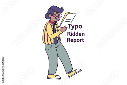 A person with glasses and a striped shirt reviews a document labeled typo ridden report suggesting a need for proofreading