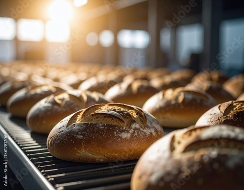 Rows of artisan bread loaves on a conveyor belt in a sunlit bakery, showcasing industrial baking process.