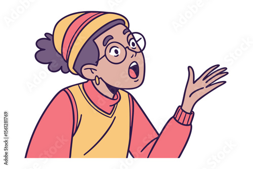 Expressive Surprise: A cartoon illustration capturing a moment of astonishment, where a person's eyes widen in disbelief, complemented by an open mouth, and an upraised hand.