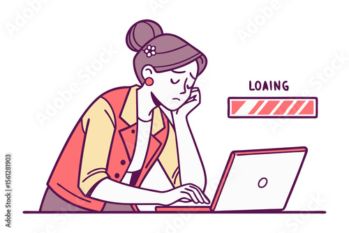 Frustrated woman with her head in her hand as a loading bar indicates a slow internet connection or computer processing