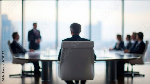 Blurred boardroom scene with professionals in formal attire engaged in corporate meeting
