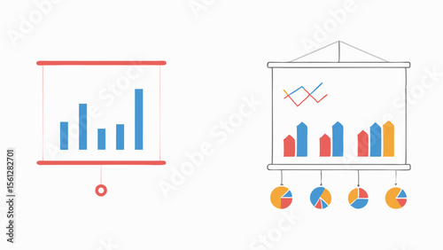 Illustration of two presentation screens displaying bar graphs and pie charts on a white background