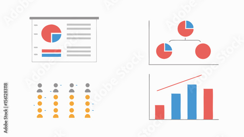 Illustration of presentation slides with pie charts, bar graph, and organizational chart on a white background