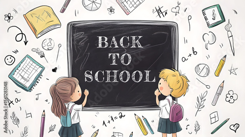 Cute Back To School illustration with cartoon children standing in front of a chalkboard. Surrounded by school supplies, doodles, and learning symbols. Hand-drawn educational concept