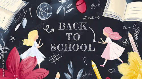 Chalkboard-style Back to School illustration with cartoon girls, flowers, books, pencils, math symbols and floral elements. Whimsical and artistic composition for children and education themes.