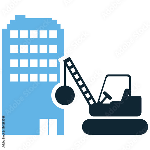 Building demolition icon vector showing destructive process and site preparation. Ideal for urban renewal, construction projects, and representing removal or rebuilding stages.