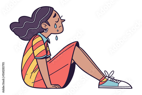 Sad Girl Illustration: A young girl sits on the ground, tears streaming down her face, expressing profound sadness and emotional distress in a cartoon illustration style.