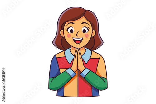 Joyful cartoon woman with hands clasped in greeting or prayer wearing a colorful patchwork shirt