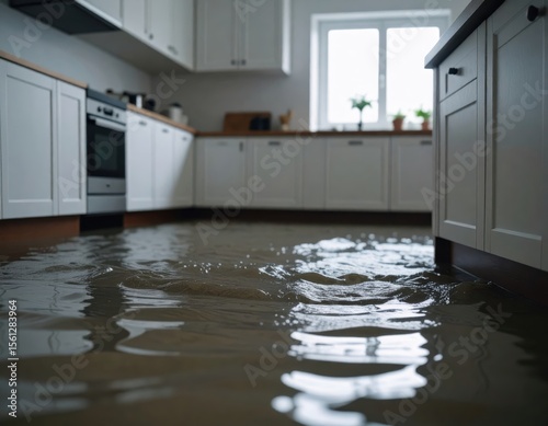 A modern kitchen with white cabinets and wooden countertops flooded with water, illuminated by natural light from a window.