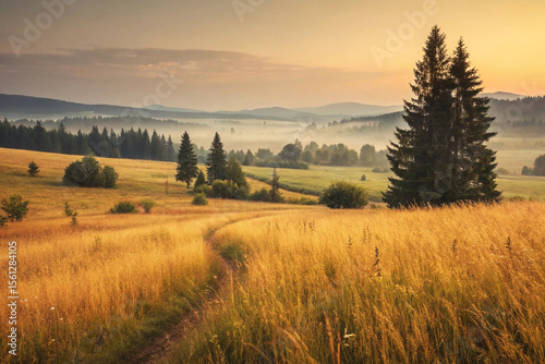 Golden Meadow Path at Sunrise with Foggy Mountains and Evergreen Trees in the Distance, Serene Rural Landscape isolated on white background