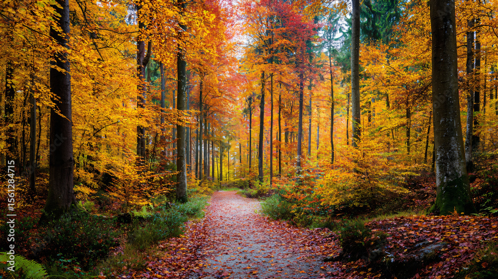 Obraz premium Autumn Trail: A captivating woodland pathway adorned with vibrant autumn foliage. Leaves cascade, offering a picturesque scene of a perfect fall afternoon.