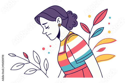 Melancholy Reflection: An evocative illustration of a woman lost in introspection, surrounded by stylized botanical elements and soft colors that amplify the emotive undertones.