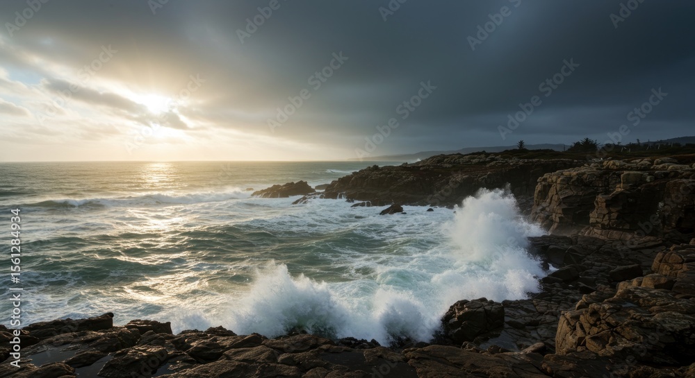 Obraz premium Dramatic coastal scene with waves crashing against rocky shoreline at sunset light