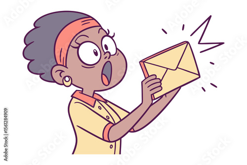 Surprised woman with wide eyes and open mouth holds up a yellow envelope with excitement and wonder