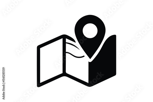 Open folded map with location pin, minimalist black and white design, illustrating journey planning, travel destination discovery, exploration concept, navigational guidance, adventure, route finding,