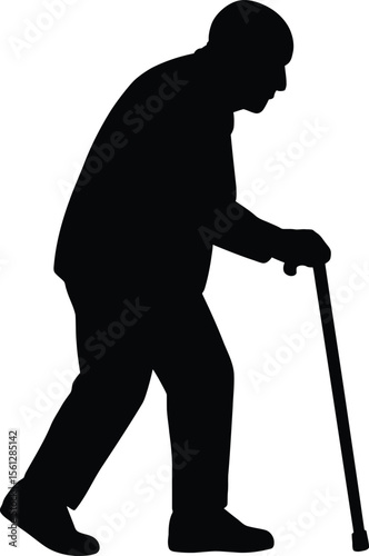 Elderly Person Walking with Cane Solid Black Silhouette Vector Illustration on White Background