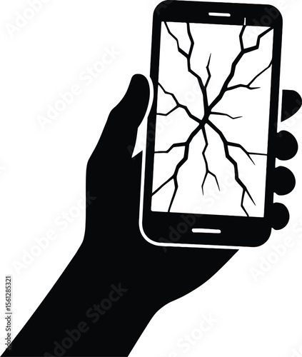 Hand Holding Broken Smartphone Solid Black Silhouette Vector on White Background