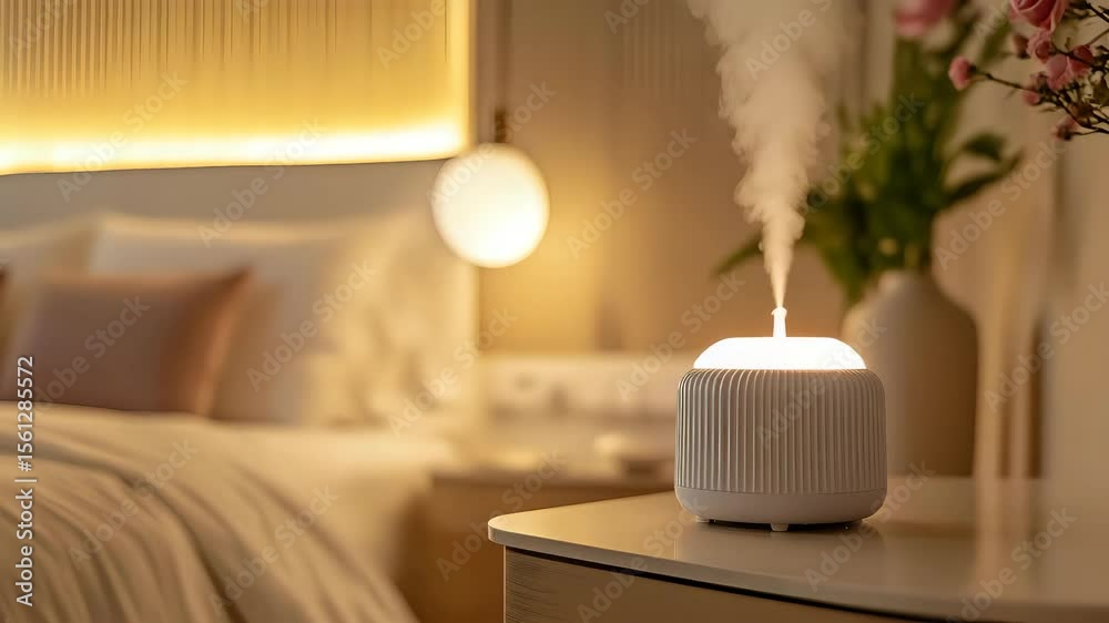 Aroma diffuser releasing rose scent on a bedside table in a chic master bedroom with layered lighting and clean decor